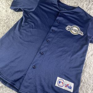 Milwaukee Brewers Jersey Mens Medium Blue Majestic Mesh Full Button Retro MLB